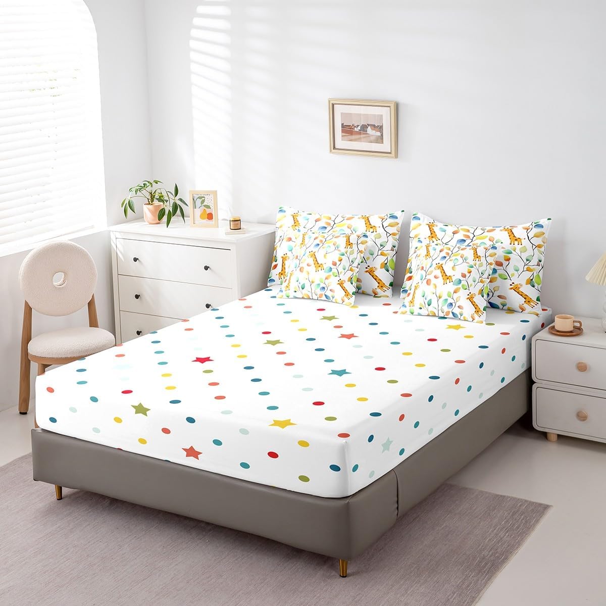 Erosebridal Cute Giraffe Queen Comforter Set 7pcs for Kids Child Hippie Floral Bedding Comforter Sets, Chic Flower Bed in a Bag Watercolor Leaves Bedding Set, Woodland Wildlife Bed Sheets Set