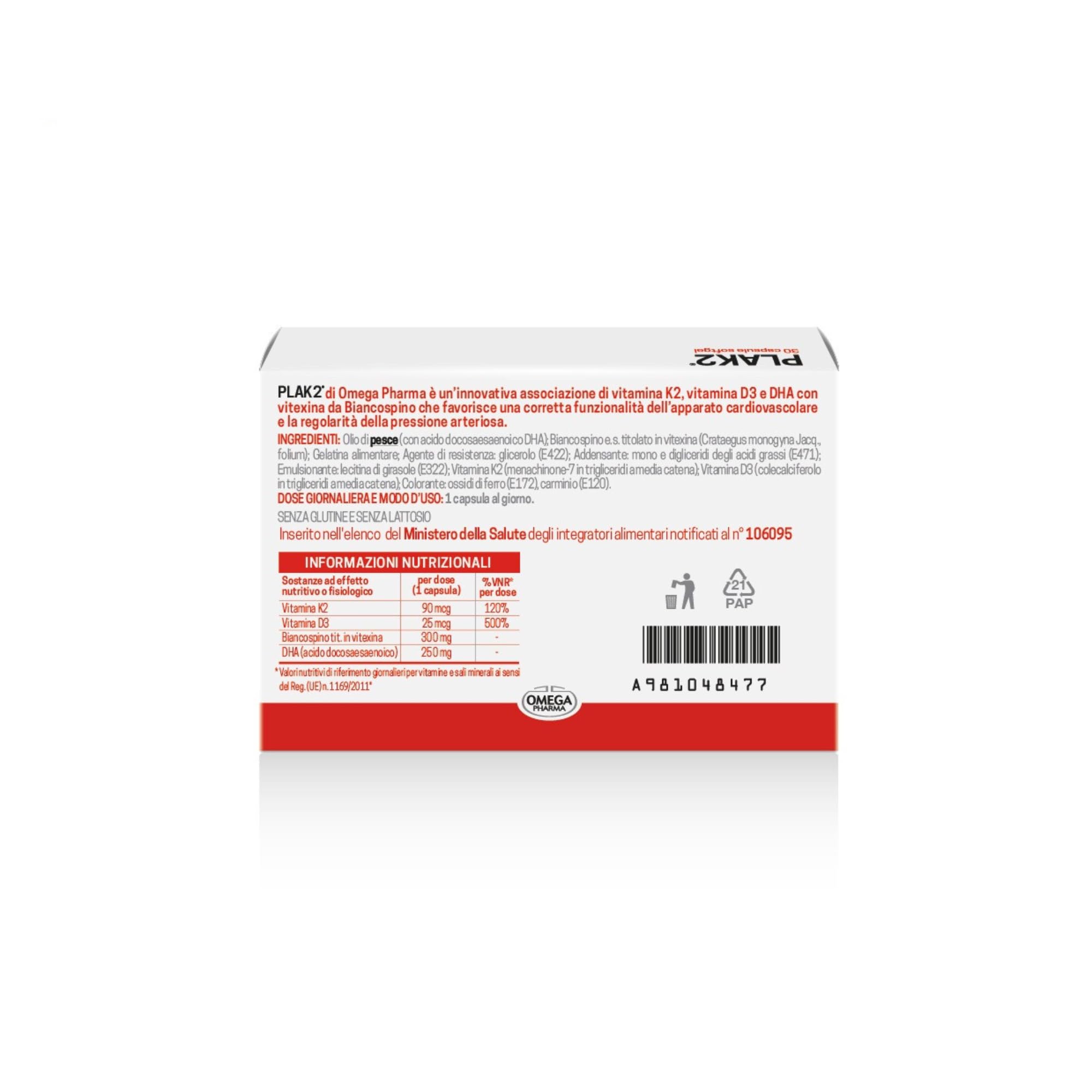 Omega Pharma - Plak2, Integratore Alimentare con Vitamina K2, D3 e DHA, Utile per la Funzionalità dell'Apparato Cardiovascolare - 30 Capsule