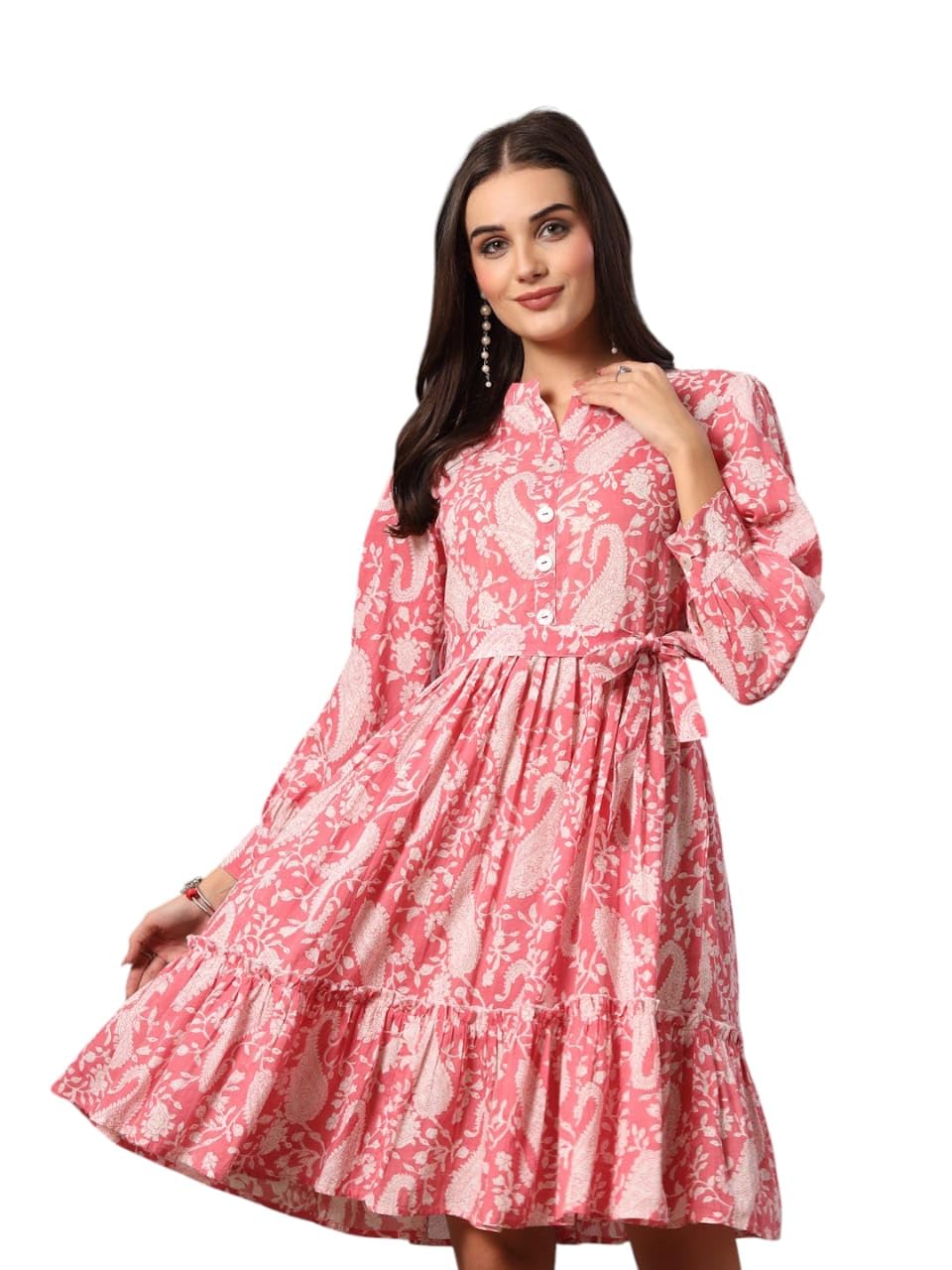 Stylum Women’s Pink Paisley Printed Cotton Tiered Dress