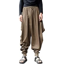 CLANMILUMS Mens Harem Pants Elastic Waist Loose Fit Hippie Aladin Drop Crotch Pants