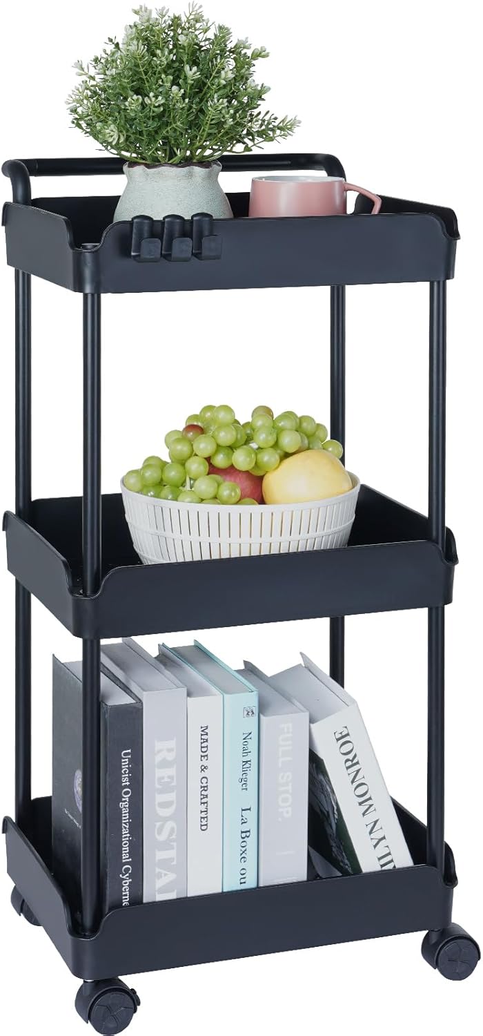 VEVOR 3-Tier Rolling Utility Cart with Handle, Multi-Functional Storage Trolley with Lockable Wheels, Utility Cart Kitchen/Under Desk Cart for Office, Living Room, Kitchen, Bedroom, Black