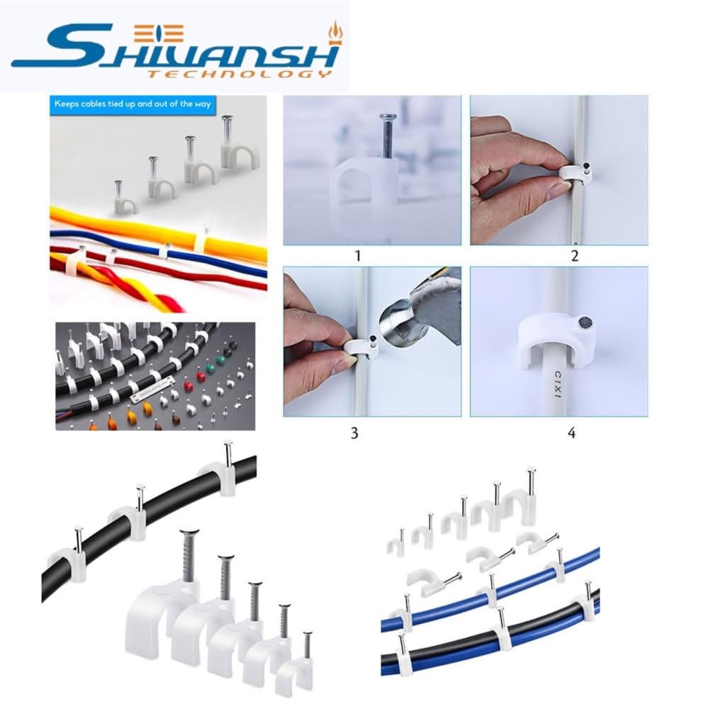 SHIVANSH TECHNOLOGY® Cable Clips with Metal Nails for Cable Management Cord Organizer, Round Wire Fastener Clamps for Hanging Cables Fitting on Wall | Pack of 100, (16mm, White) 2