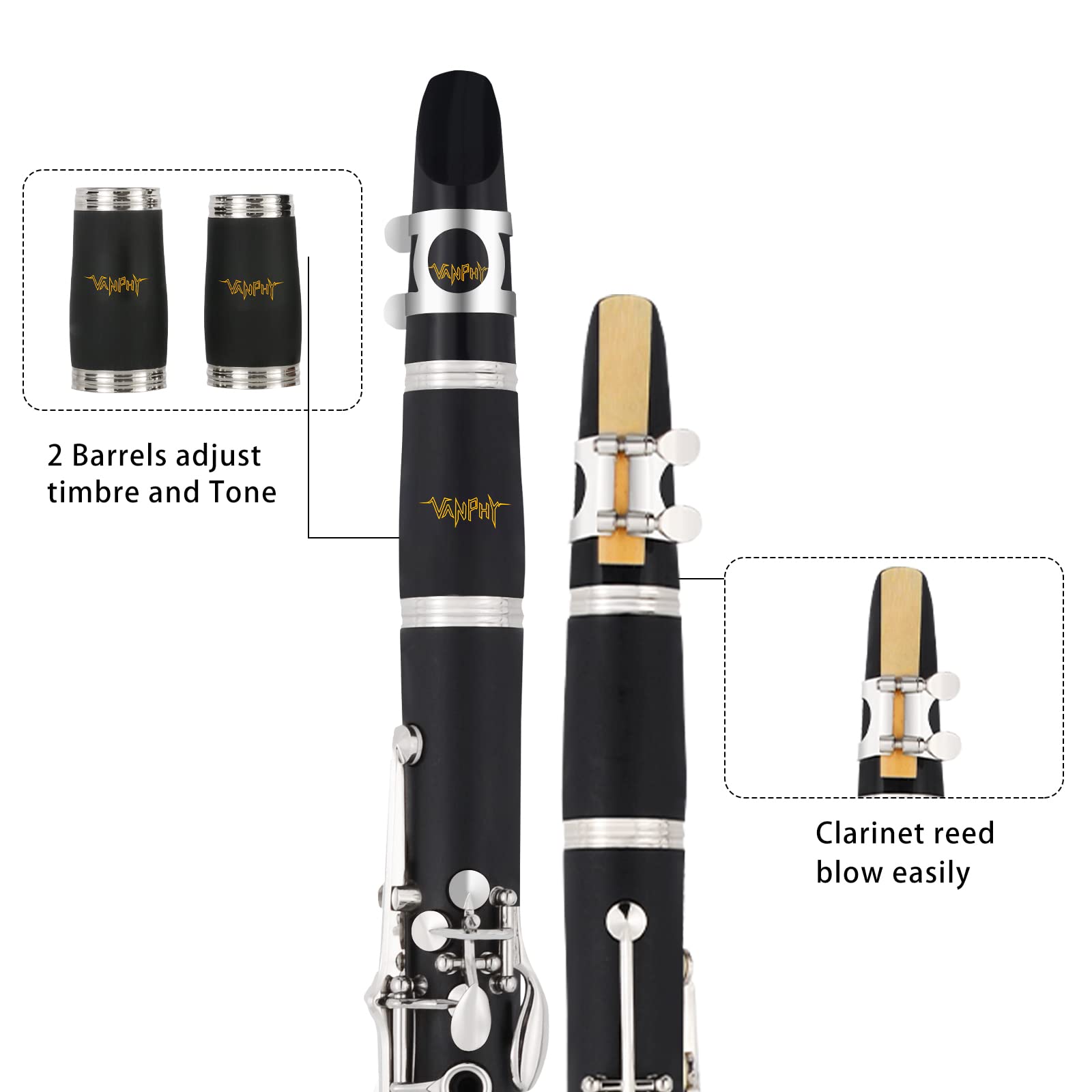 Bb Clarinet For Beginners Students B Flat Clarinet 17 Keys Clarinets with Case Stand Strap 2 Barrels 8 Mouthpiece Cushion White Gloves Cleaning Kit (Black)
