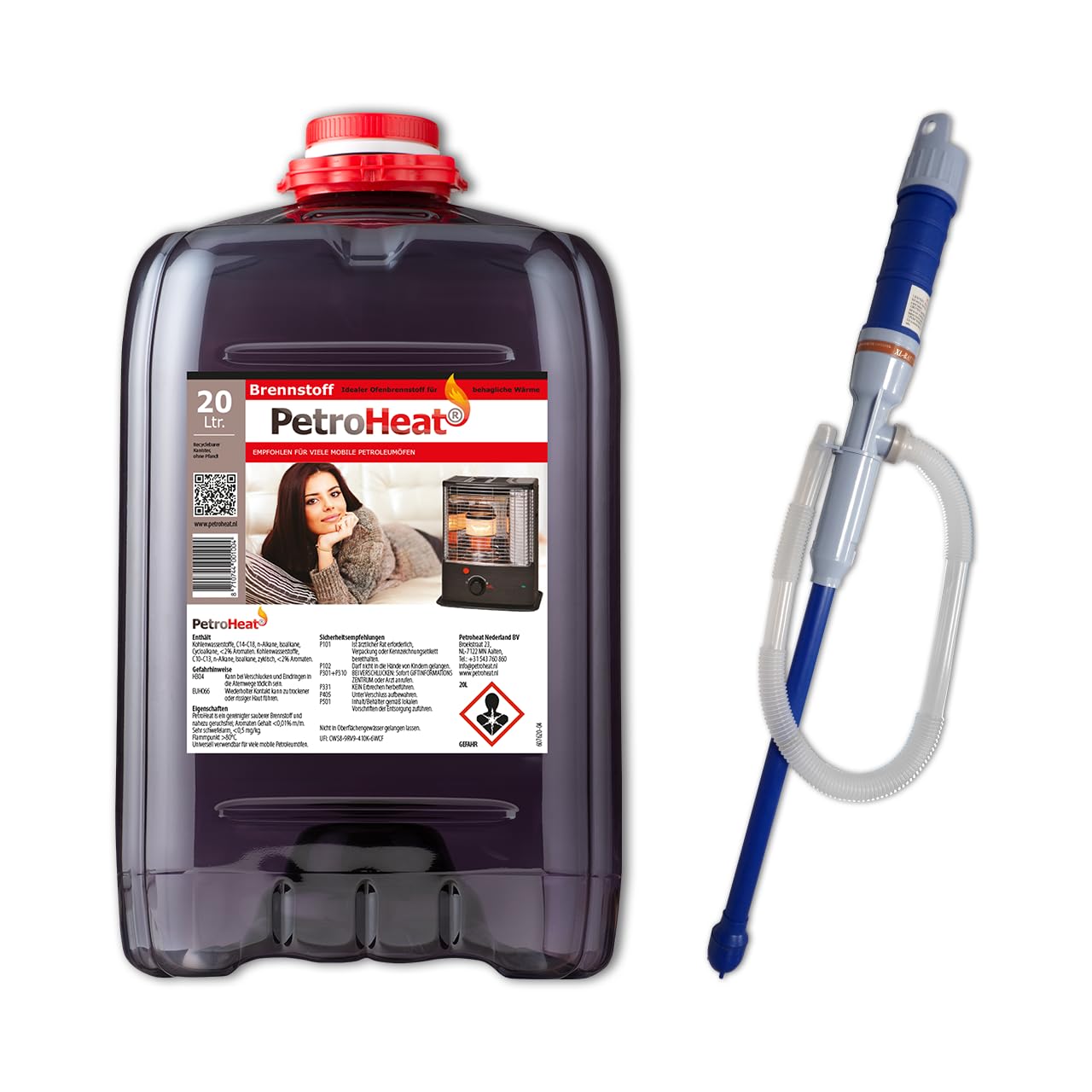 PetroHeat Petroleum 20 Liter Brennstoff geruchsarm für Petroleumofen, mit elektrischer Pumpe, für mobile Petroleum-Heizung, Petroleumöfen