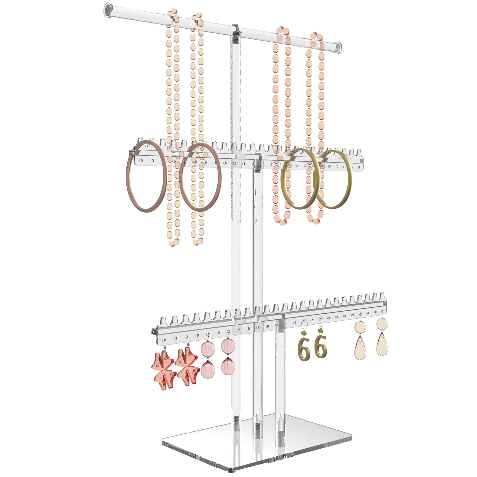 lengnoyp Premium Jewelry Stand, Earring Holder, Necklace Holder Stand, Clear 3-Tier Acrylic Large Storage Jewelry Organizer Stand & Bracelet/Bangles Stand, 48 Earring Holes Display Stands