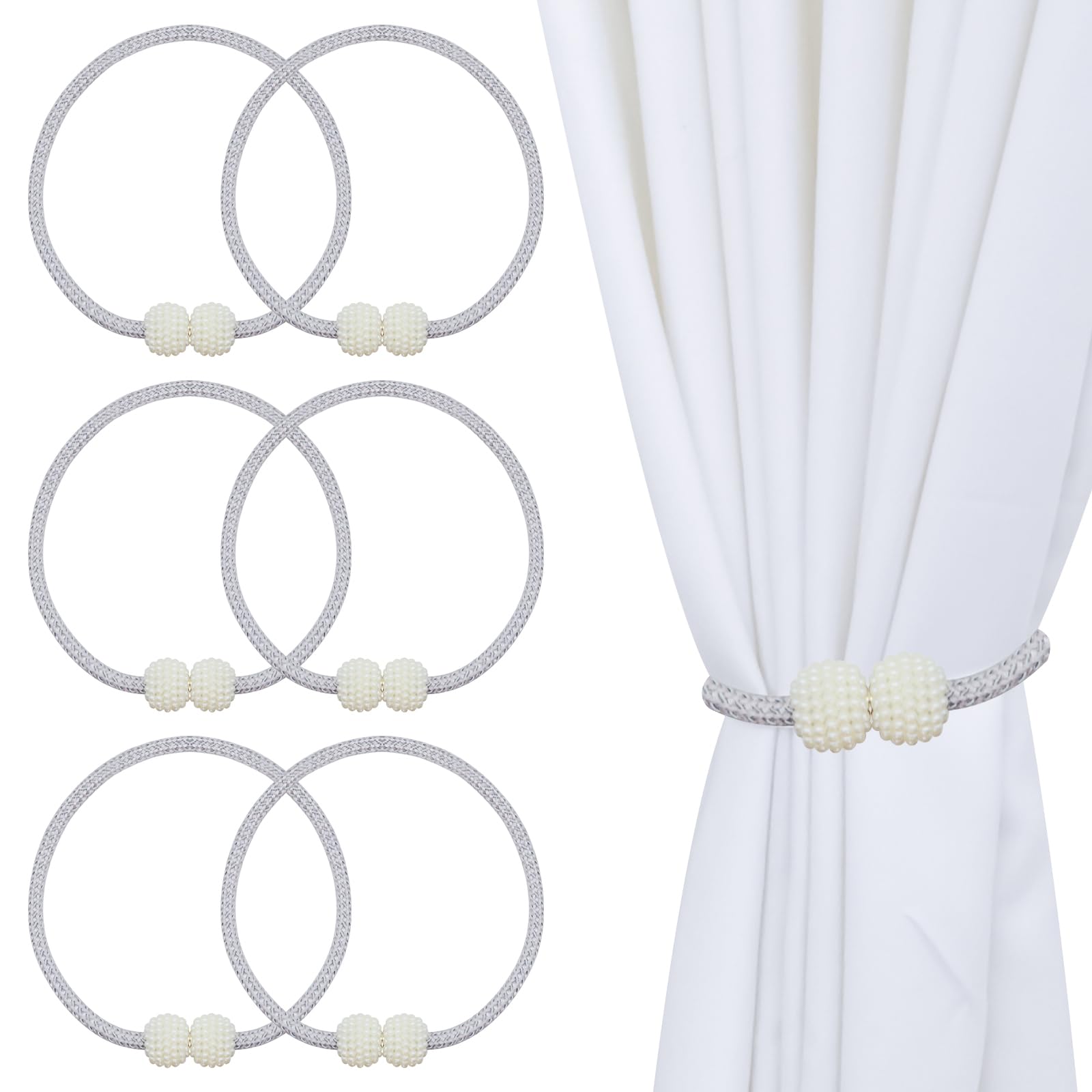 6 Pack Magnetic Curtain Tiebacks for Home Bedroom Office Window Décor, Modern Handmade Decorative Curtain Holdbacks for Curtains Draperies (Grey & White)