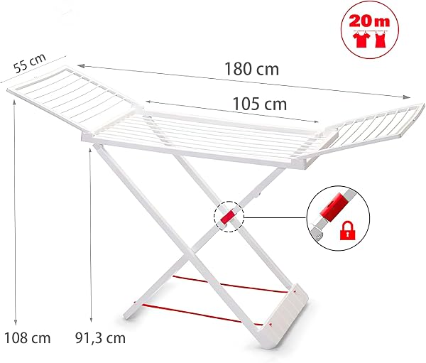 ForenTex Tendederos Plegables con alas, Hecho de Resina, Superficie de tendido 20 m, con Bloqueo de Seguridad, Resistente al Sol, Incluye 20 Pinzas (Blanco) - 2