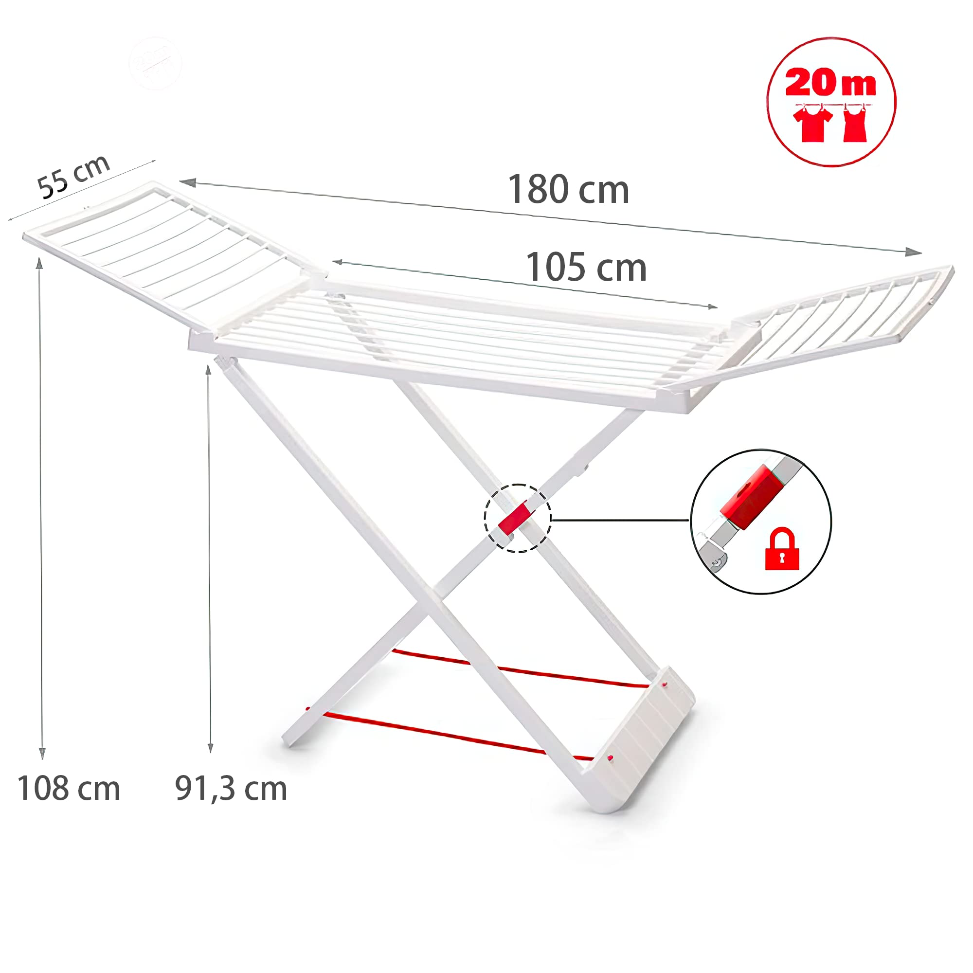 ForenTex Tendederos Plegables con alas, Hecho de Resina, Superficie de tendido 20 m, con Bloqueo de Seguridad, Resistente al Sol, Incluye 20 Pinzas (Blanco) — view 2