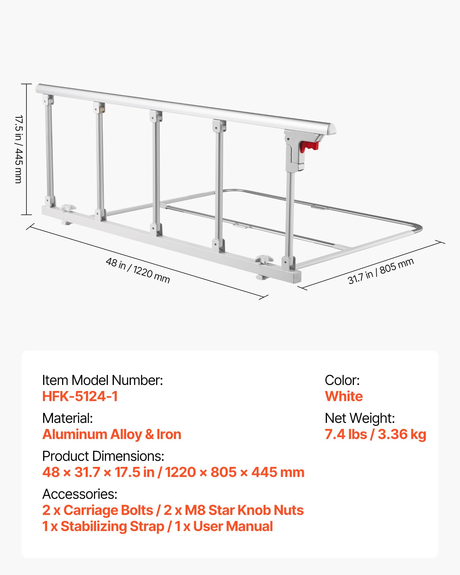 VEVOR Sponda Letto Pieghevole per Anziani, Sponda di Supporto da 122 cm in Metallo con Cinghia di Fissaggio, Bastone da Comodino con Tubo Regolabile in Altezza, per Letto King, Queen