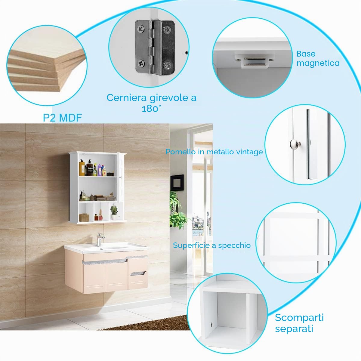 LIFEZEAL Specchio Bagno Contenitore in Legno, 50 x 16 x 61 cm, Armadietto Sospeso Lavabo con HD Specchi, Pensile a 2 Rapiani e 3 Scomparti Portaoggetti Aperti, Mobiletto salvaspazio da Parete, Bianco