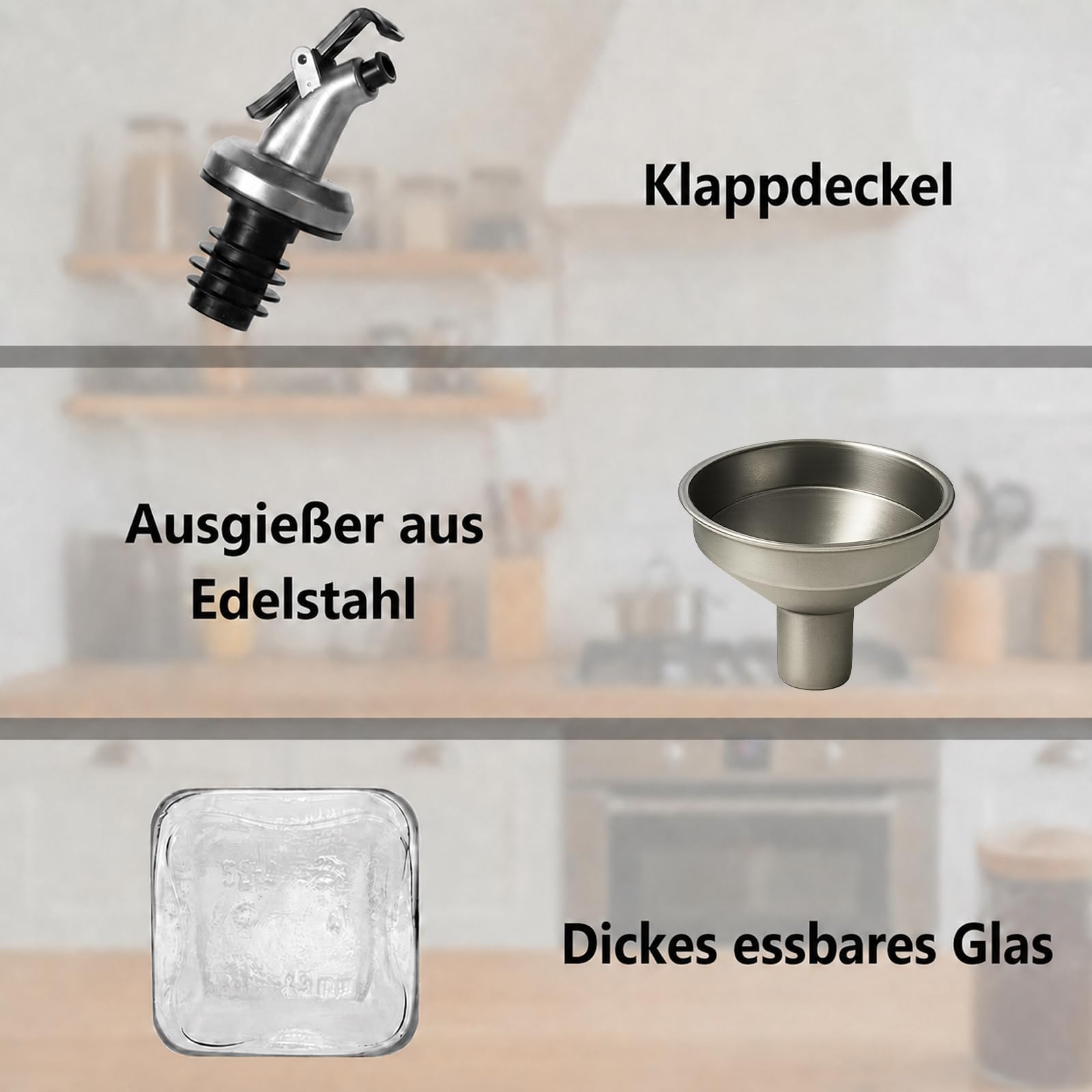 WERTIOO Ölflasche 500ML, 4 Stück Olivenöl Flasche Essig und Ölflaschen Set, 17OZ Ölflasche mit Ausgießer Glas Flaschen Öl mit Trichter & Stift für Küche BBQ, Transparent
