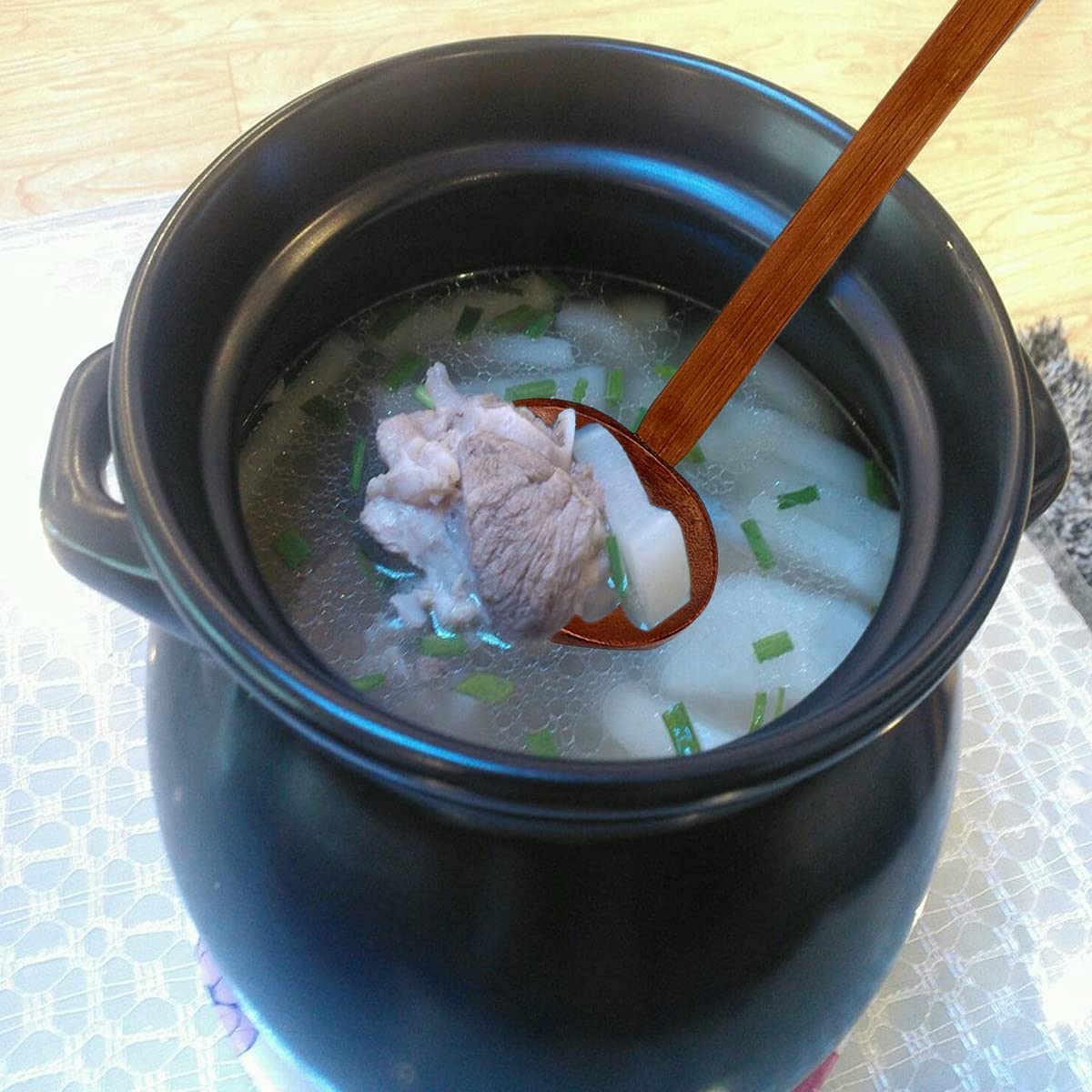 Cucchiaio Legno Per Zuppa Giapponese - Mestolo Naturale Per Ramen E Riso - Foto 3