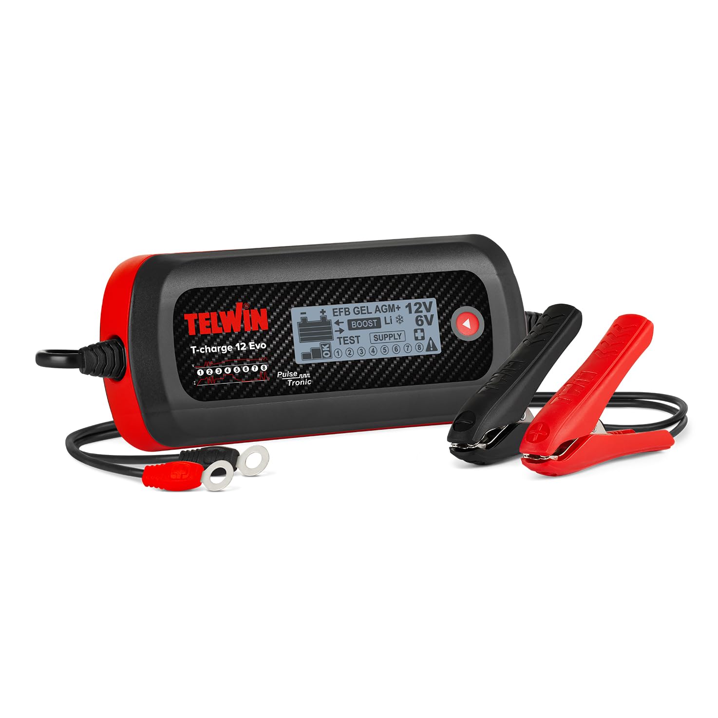 Telwin T-Charge 12 EVO: Caricabatterie, Mantenitore di Carica Elettronico e Tester Multifunzione 6/12V con Schermo LCD, per tutti tipi di batterie di Veicoli, Auto, Moto. IP65. Cavi inclusi.