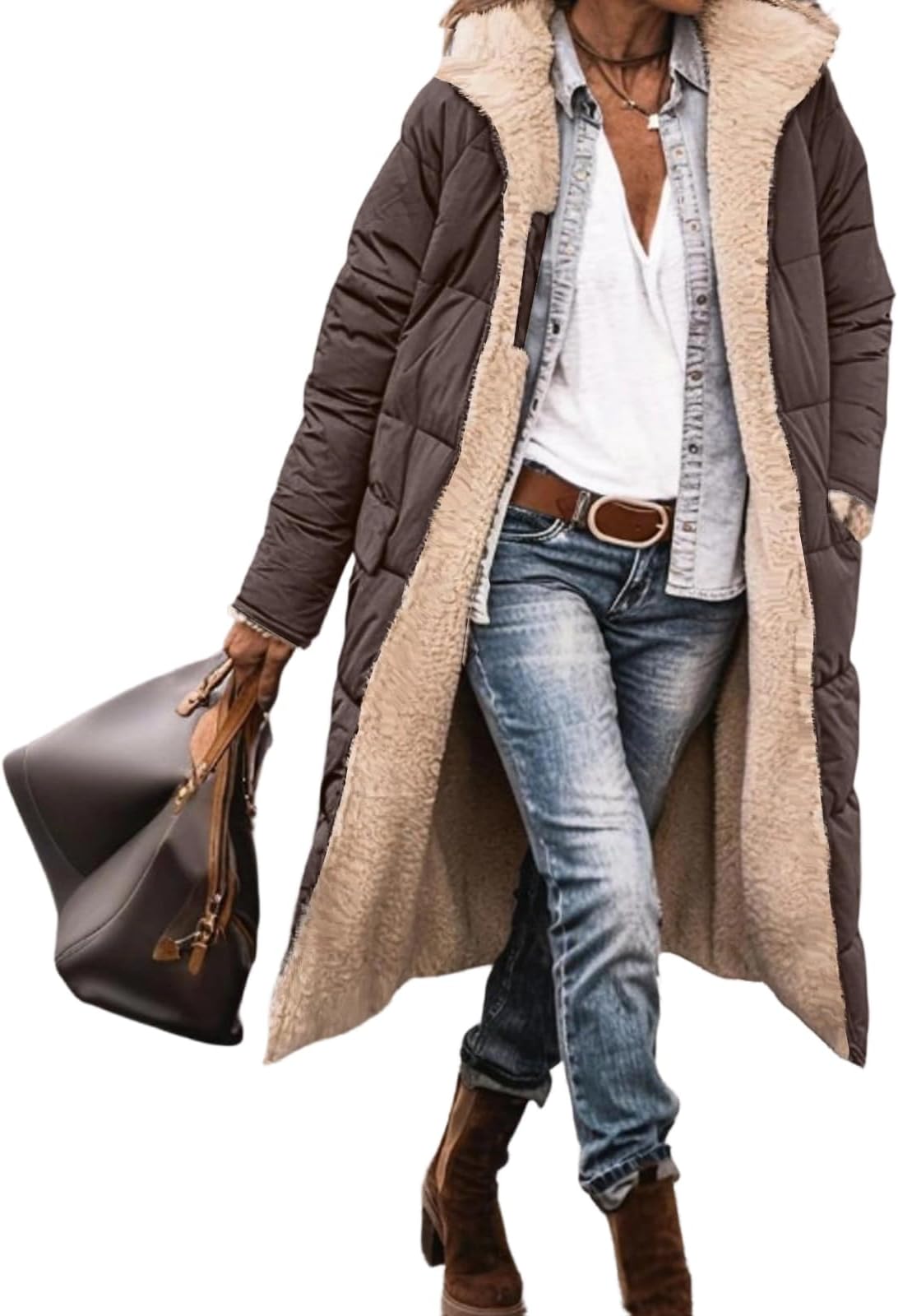 Long Puffer Jacket Womens Reversible Padded Down Jackets Oversized Shearling Fleece Winter Coats with Hood