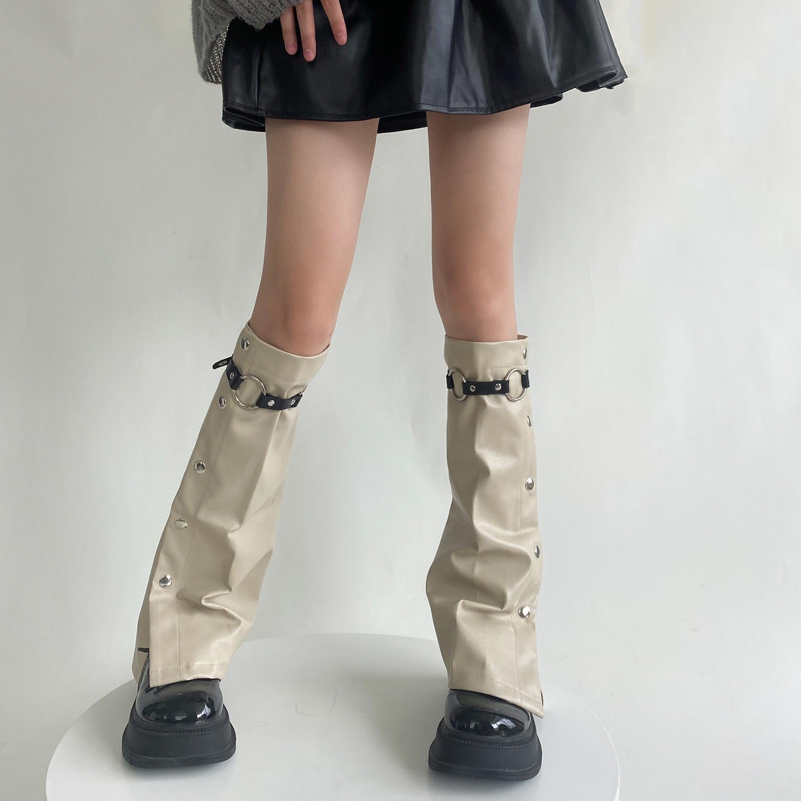 Subcultures Calentadores de pierna de cuero para mujer con hebilla y botones laterales con amplias cubiertas para botas acampanadas calcetines de pantorrilla callejero calentadores de piel
