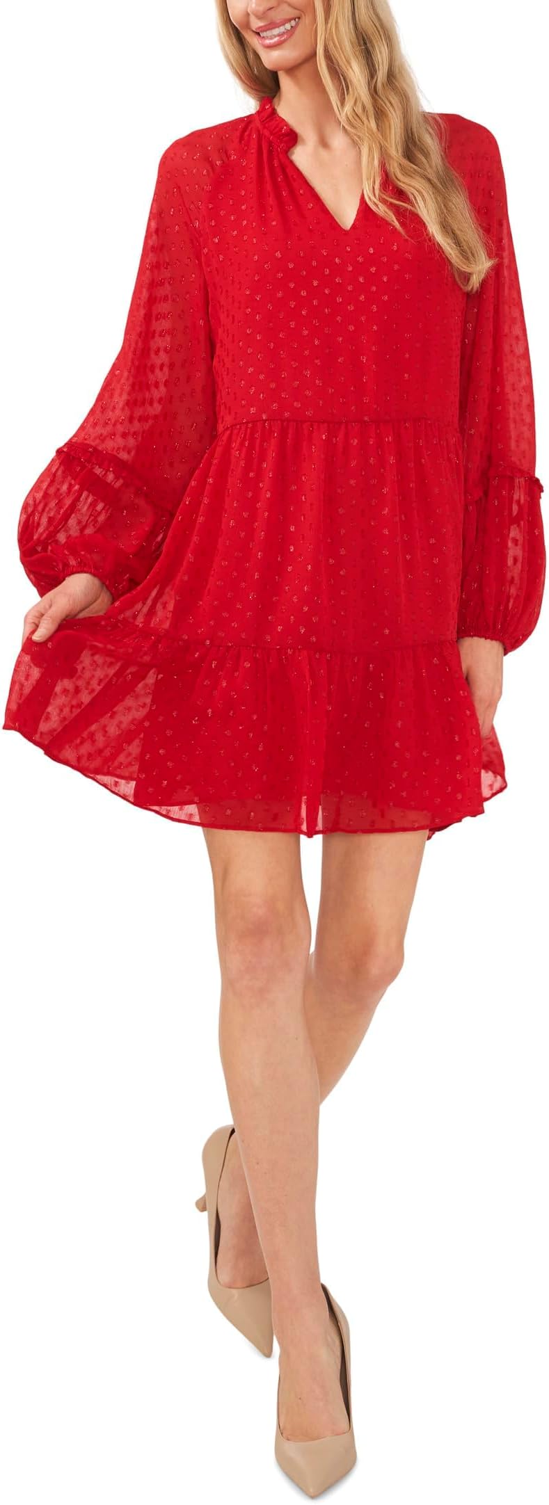 CeCe Long Sleeve Split-Neck Tiered Dress