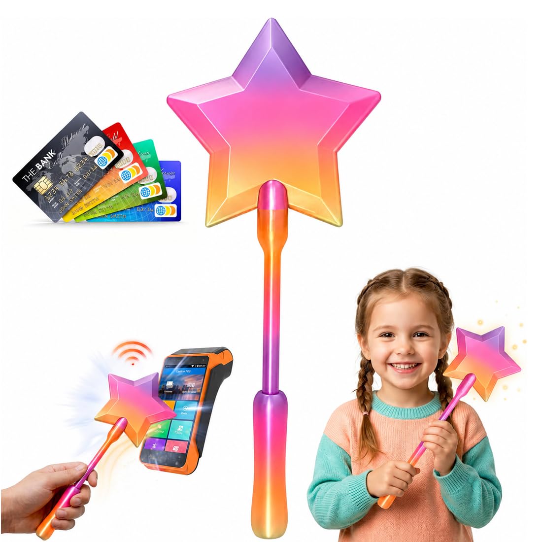 ARHZ 1PCS 3D Printed Credit Card Wand, Star Fairy Magic Wand Card Holder, Tap to Pay Wand for Raves Parties Pranks and Contactless Payment