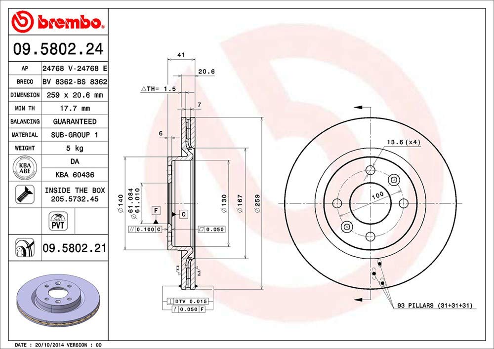 Discos de frenos frontales cromados Brembo 09.5802.21, paquete con 2 unidades