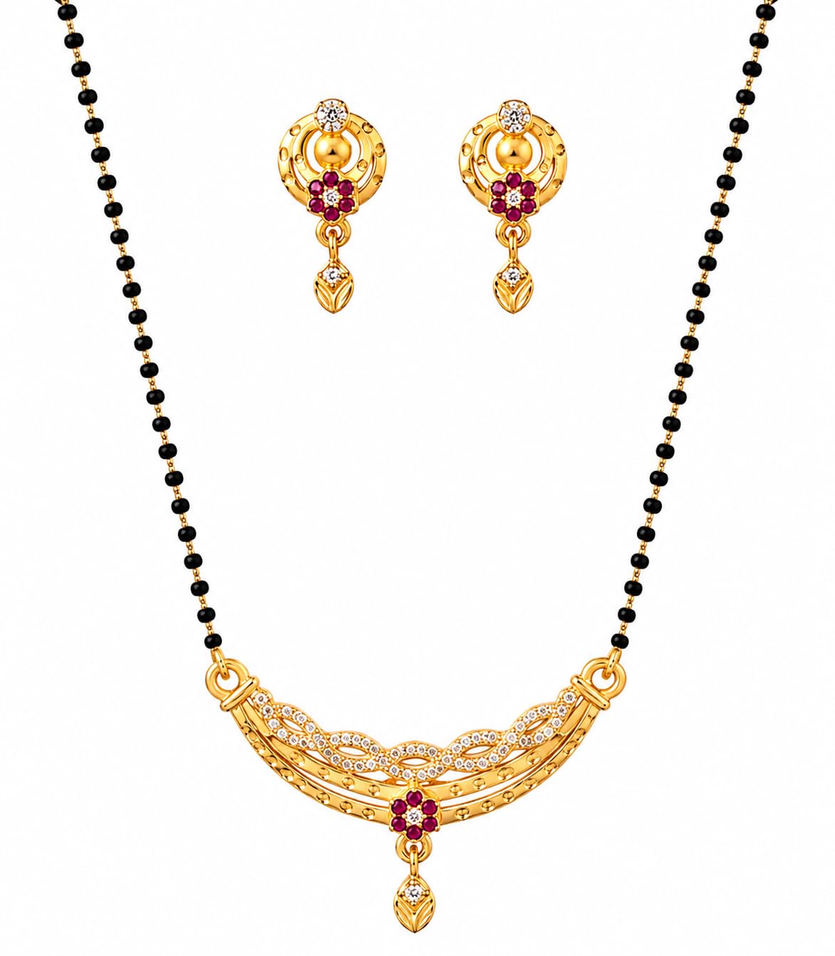 Chitranshi Enterprises Gold Plated Modern CZ Cubic Zirconia Mangalsutra with Matching Earrings Set for Women | Black Beads Double Strand Chain Necklace Jewelry Set for Daily & Festival Wear