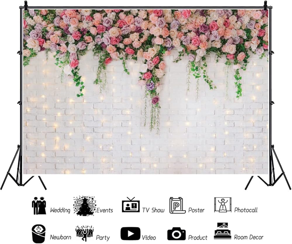 Renaiss 10x8ft Pink Flowers Brick Wall Backdrop Glitter White Brick Wall Rose Floral Wedding Photography Background for Mother's Day Bridal Baby Shower Anniversary Party Decor Photo Booth Props