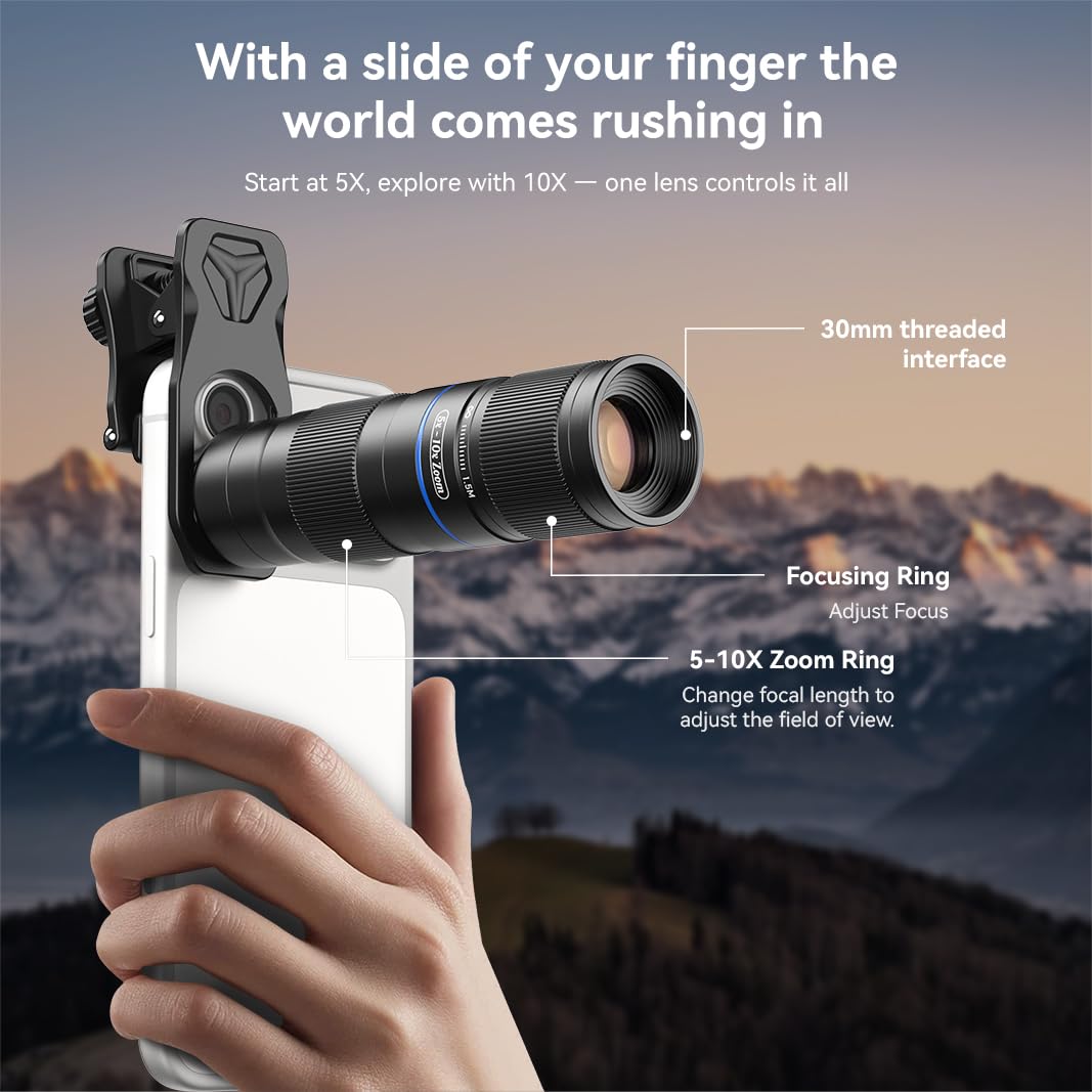 APEXEL Teleobiektyw z 5-10-krotnym zoomem do iPhone'a i Androida, powiększenie optyczne, uniwersalny obiektyw aparatu z klipsem, aluminiowy korpus lotniczy do podróży, sportu i fotografii koncertowej