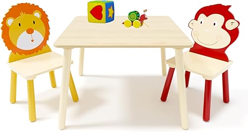 Juego de mesa y silla para niños, juego de mesa de madera para niños con 2 sillas, mesa de actividades adorablemente animales para leer, dibujar,