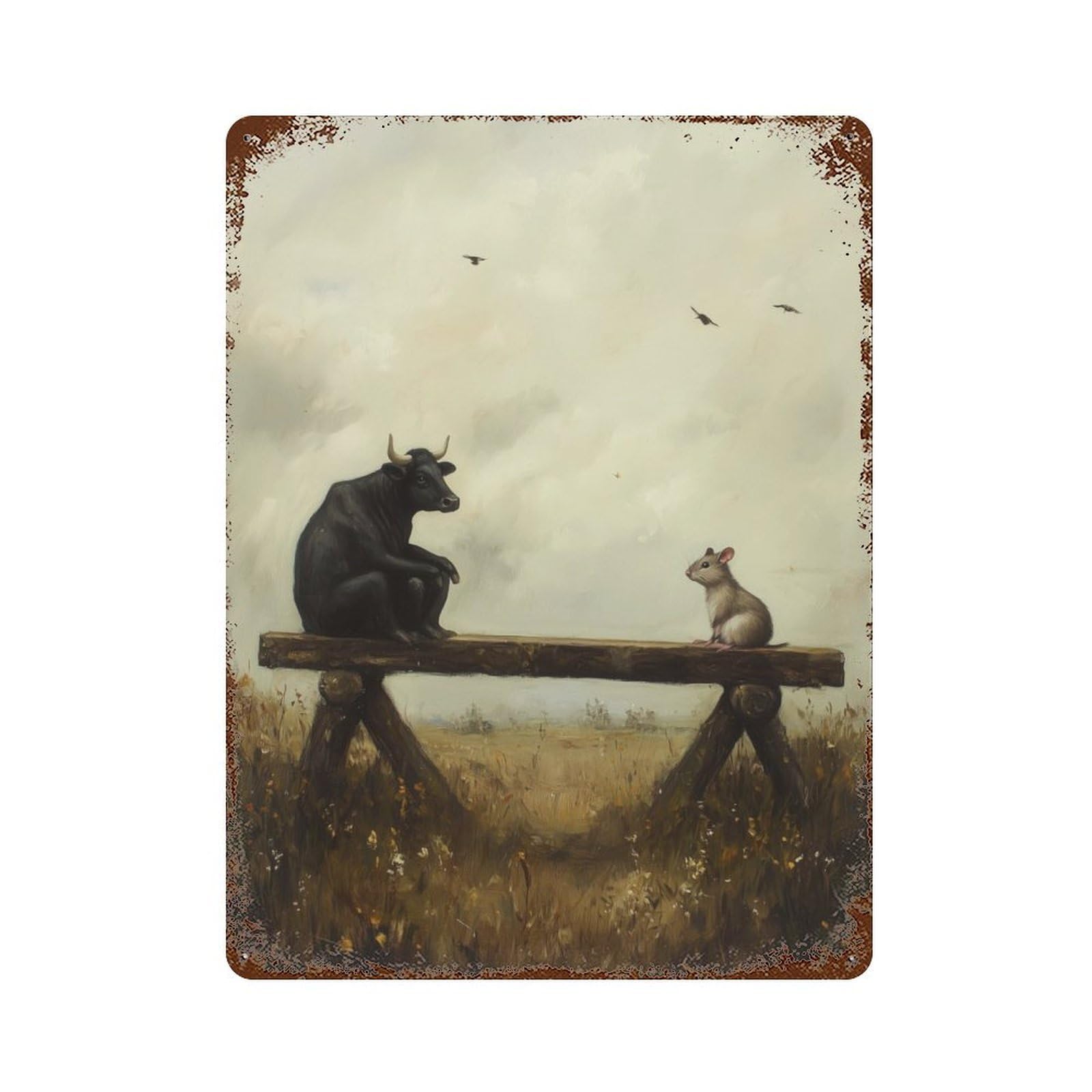 Bull And Mouse on Bench Rustic Tin Plaque 15.7"x11.8", for Shed, Workshop And Garage Wall Decor, Rustic Home Decor