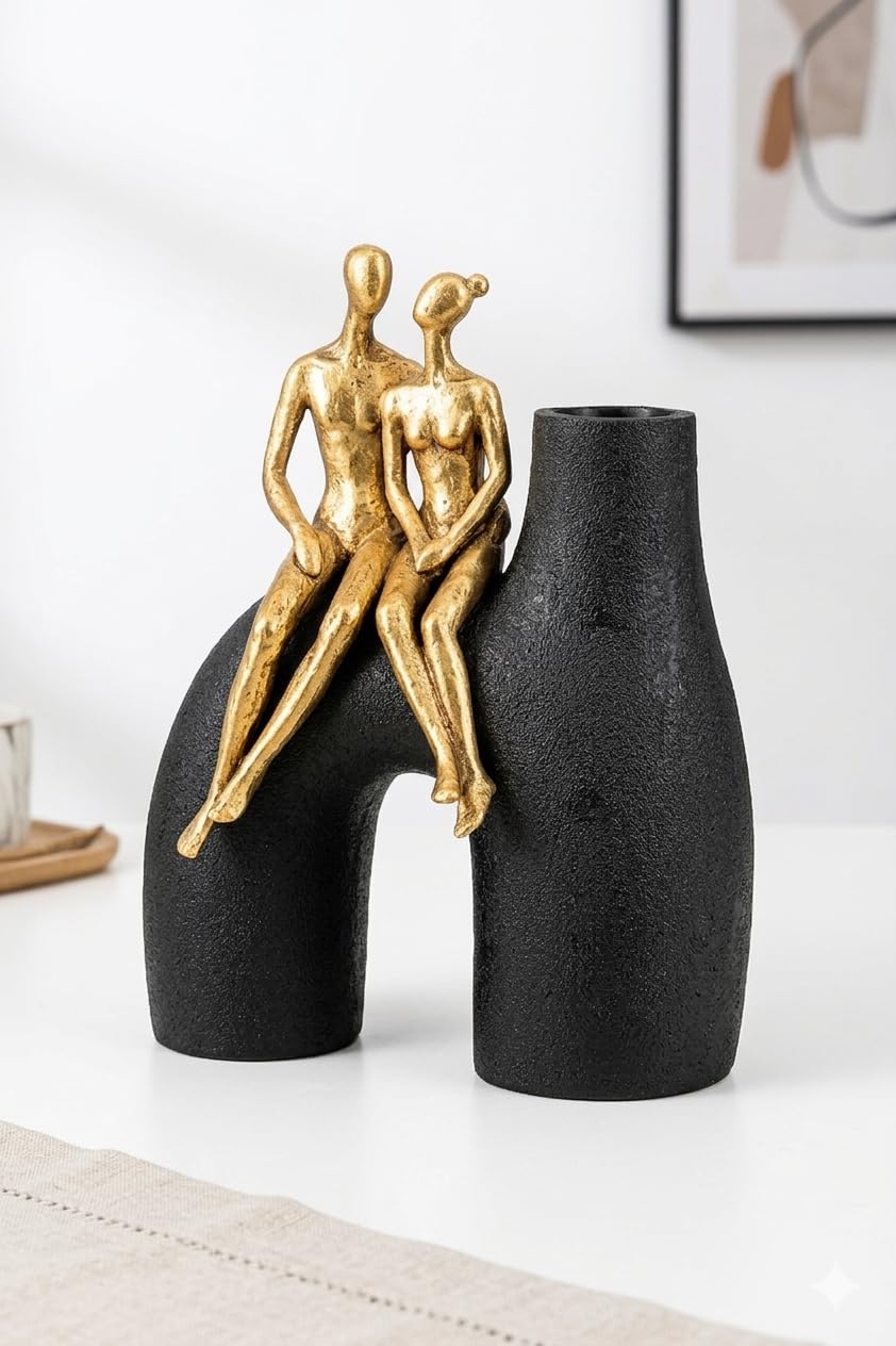 Scultura astratta moderna con vaso - Figurina romantica di coppia, resina sintetica, finitura bronzo metallizzato, elegante pezzo decorativo per la casa, L 20 cm x H 25,5 cm