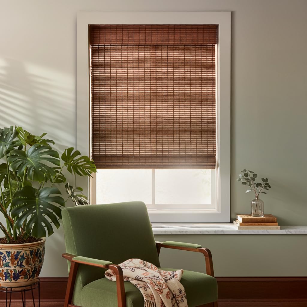 mood bamboo shades | rustic | cordless bamboo roman shades for windows and doors (natural woven) | rustic walnut express (great privacy) | 23" w x 64" h