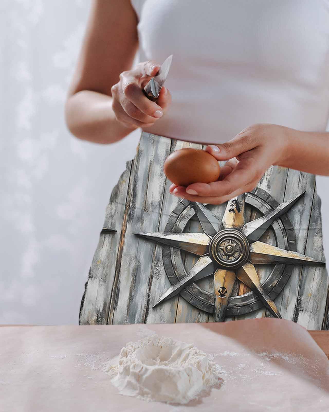 PIEPLE Vintage Coastal Server Apron Waitress Aprons with 3 Pockets, Nautical Ocean Compass Summer Beach Half Waist Waiter Aprons Restaurant Chef Aprons for Women Men