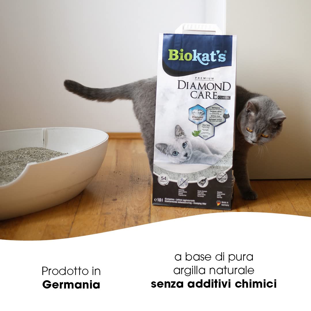 Biokat's Diamond Care Classic senza profumo, Lettiera per gatti a grana fine con carbone attivo e aloe vera, 1 Sacco, 1 x 10 L