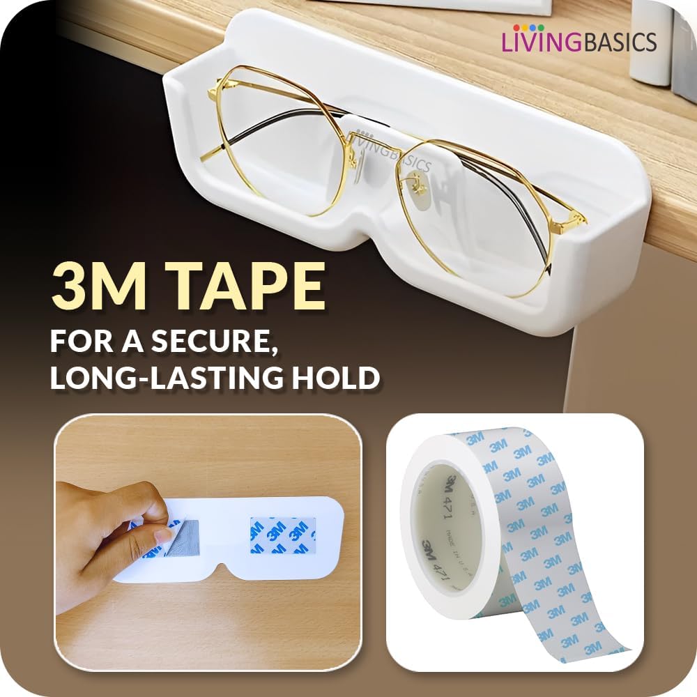 LIVINGBASICS 2 Pcs Specs Holder Wall Mounted, Plastic Case, 3M Tape (White)