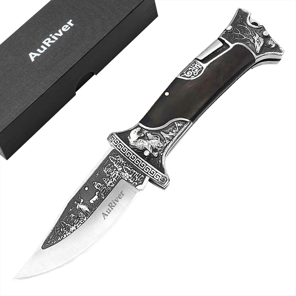Cuchillo Plegable Supervivencia, Navaja Caza de Acero Inoxidable 440C con Tallados Mango de Metal y Madera, Navaja Camping de Ambas Manos con Bloqueo Trasero para Acampar Pesca Caza