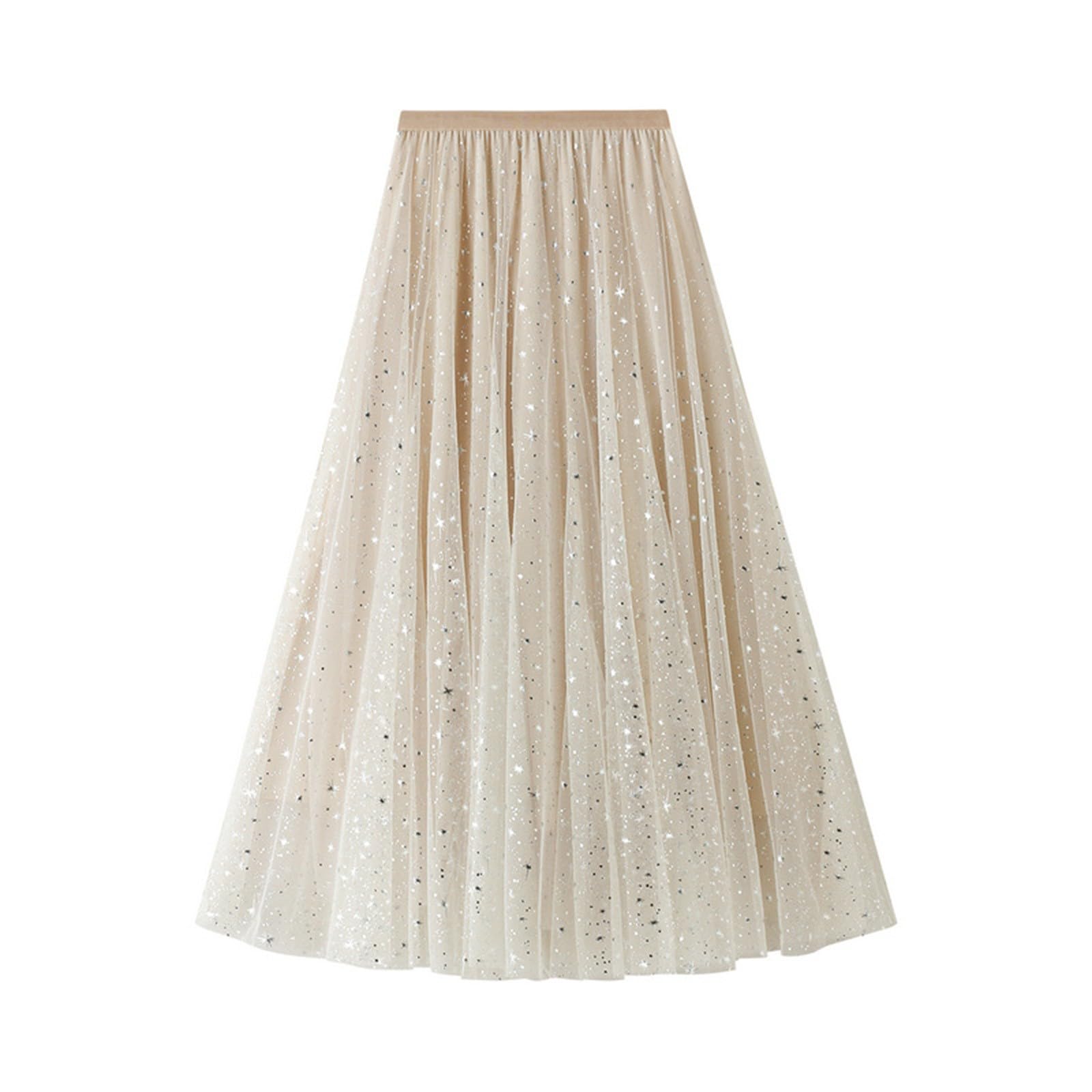 Modeewel Women's Long Sequin Skirt Tutu High Low Skirt Mesh Fabric Multilayer Midi Skirt A-line Princess Dress Carnival Costume Tulle Skirt Glitter A-line Skirt, beige, XL