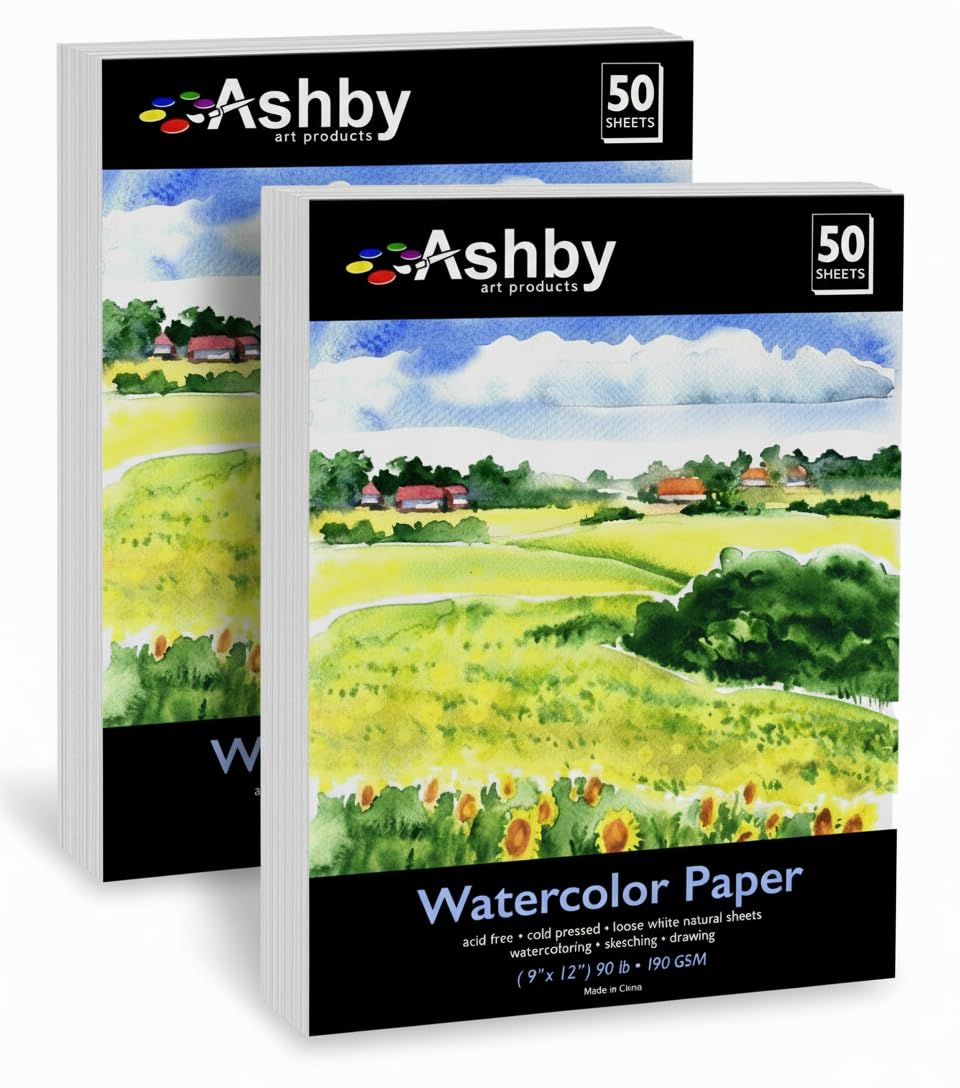 Ashby 100 arkuszy papieru akwarelowego (23 cm x 30 cm) – ciężki materiał (190 g/m²), 100% bawełna, bezkwasowy i tłoczony na zimno, idealny do malowania lub rysowania, na mokro, suche i mieszane