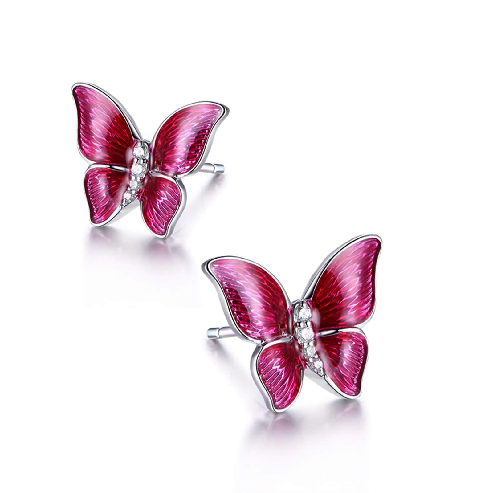 Diamant-Ohrringe für Damen, Ohrringe aus 18-karätigem Weißgold mit Emaille-Schmetterling und Diamant-Ohrringen