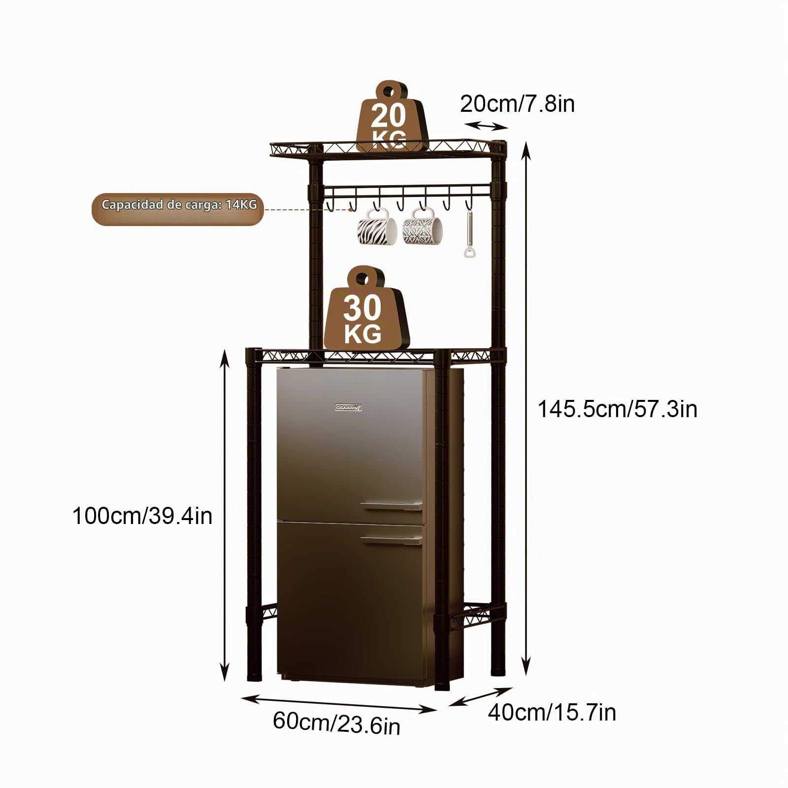 Estantería para Mini Nevera de 2 Niveles con 7 Ganchos | Metálica Ajustable, para Cocina, Baño, Dormitorio o Lavandería, Negro, 60 × 40 × 145,5 cm
