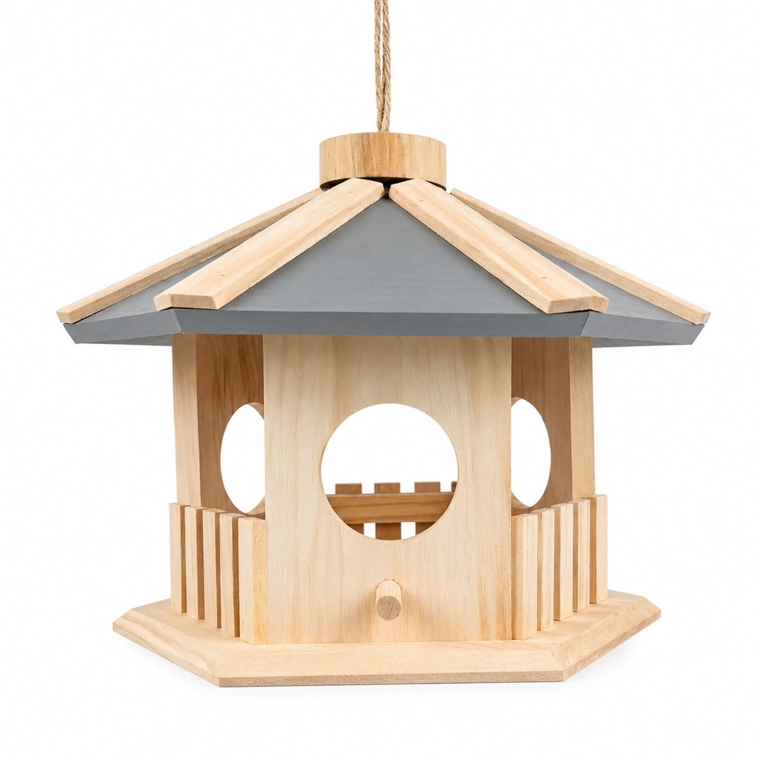 Greenfields Hanging Bird Feeder Wooden Bird Feeding Table, Outdoor Garden Bird House Feeder with Rope, Open Feeding Tray & Perches for Wild Birds, Patio, Balcony, Lawn, Tree Branches & Garden Spaces