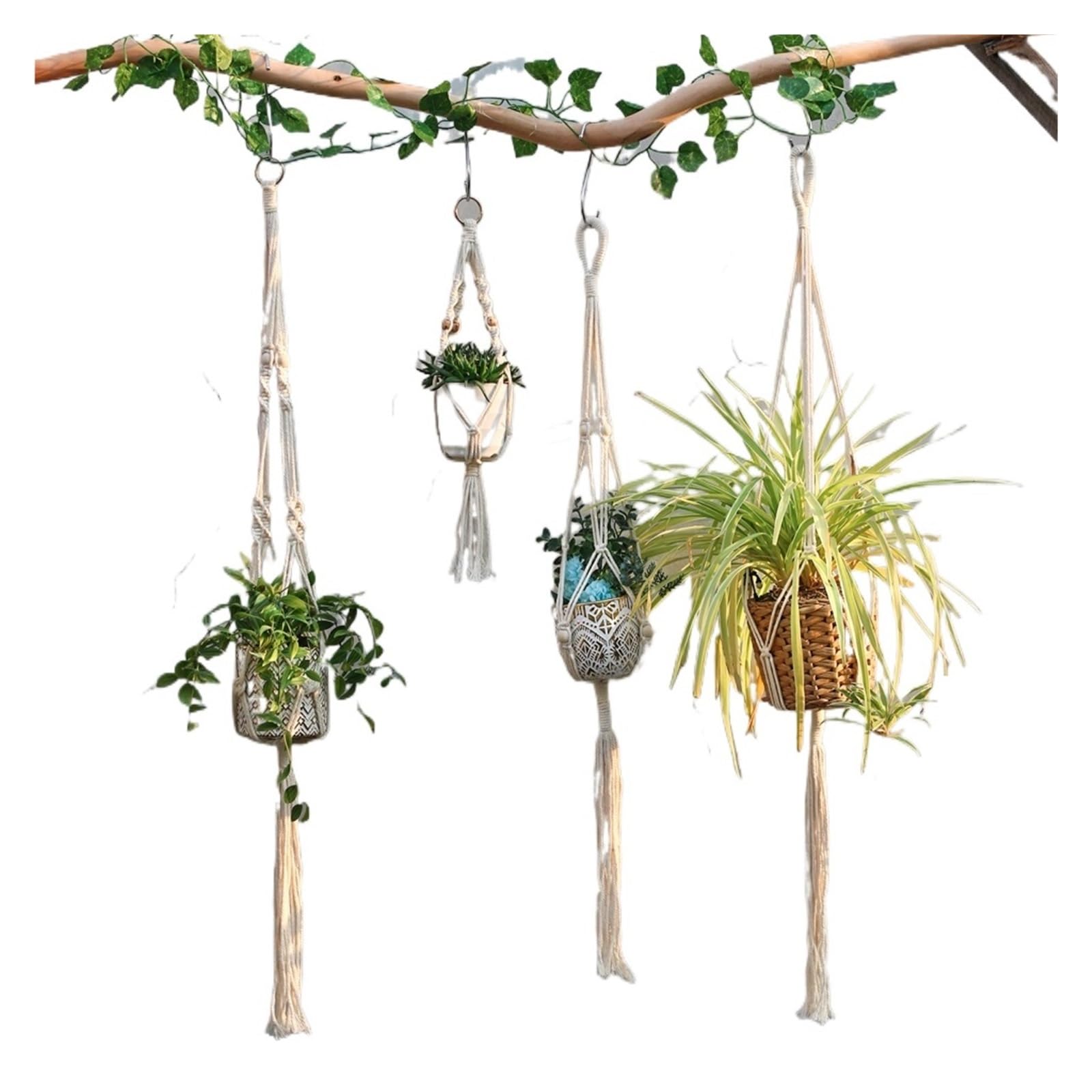 Appendini per Piante Macramè 4 pezzi Macrame Plant Hanger Portavasi da fiori Cesto appeso fatto a mano Decorazioni for balcone Decorazione giardino for cortile