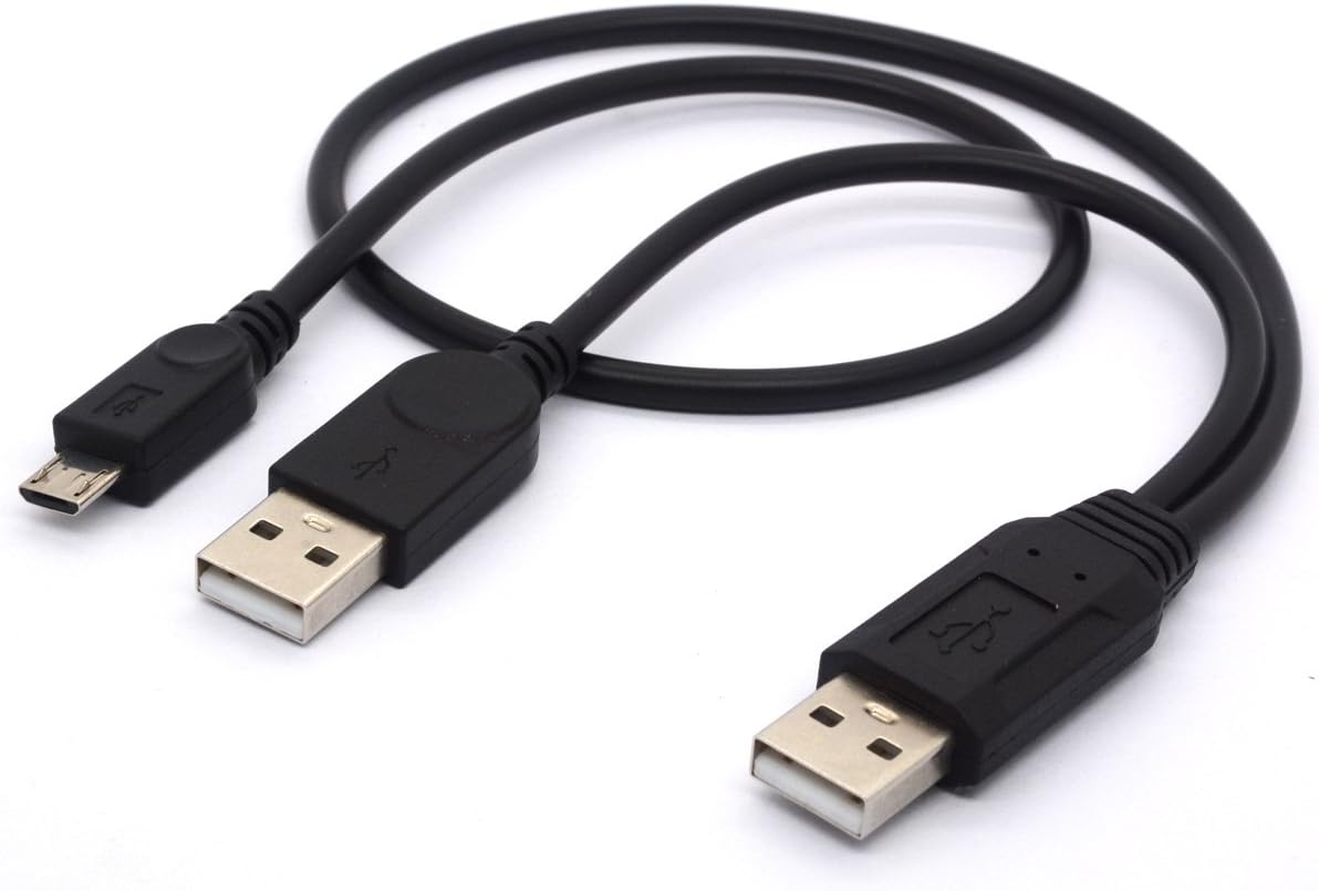 Dual Power Micro USB Cable, USB 2.0 to Micro USB 5 Pin Y Adapter Cord for External Hard Drive - 2 USB A Male to Micro B Male Extension Lead