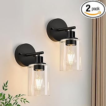Set of 2 Wall Sconces for Bathroom,Black Modern Vanity Lights with Clear Glass Shade,Bathroom Wall Lamp for Mirror Kitchen Living Room Hallway Cabinet Porch