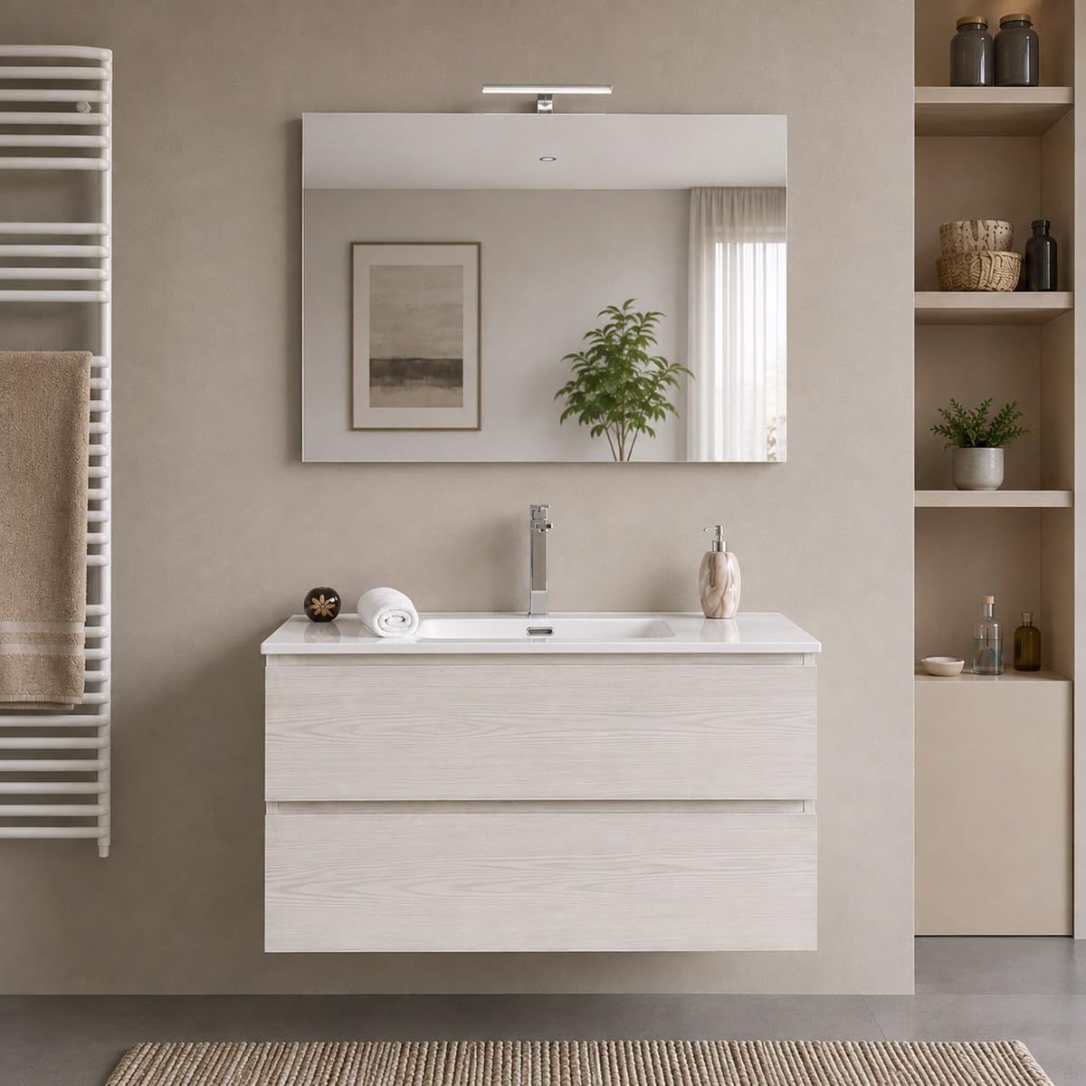 Yellowshop | Mobile Bagno Sospeso CLOE - Composizione Completa con Lavabo Ceramica, Chiusura Soft Close, Finitura Frassino Moirè (70 cm, Mobile con Lavabo)