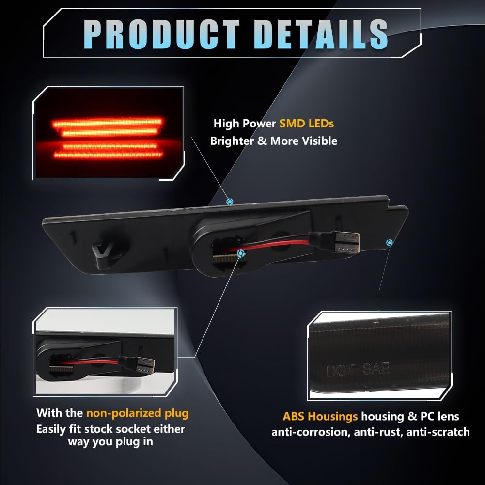 4 PCS LED Side Marker Lights Smoked Lens for Chevy Camaro 2010 2011 2012 2013 2014 2015, 5th Gen Camaro Front Rear Bumper Fender Marker Lamps, Amber & Red LED Side Marker Reflectors Lights