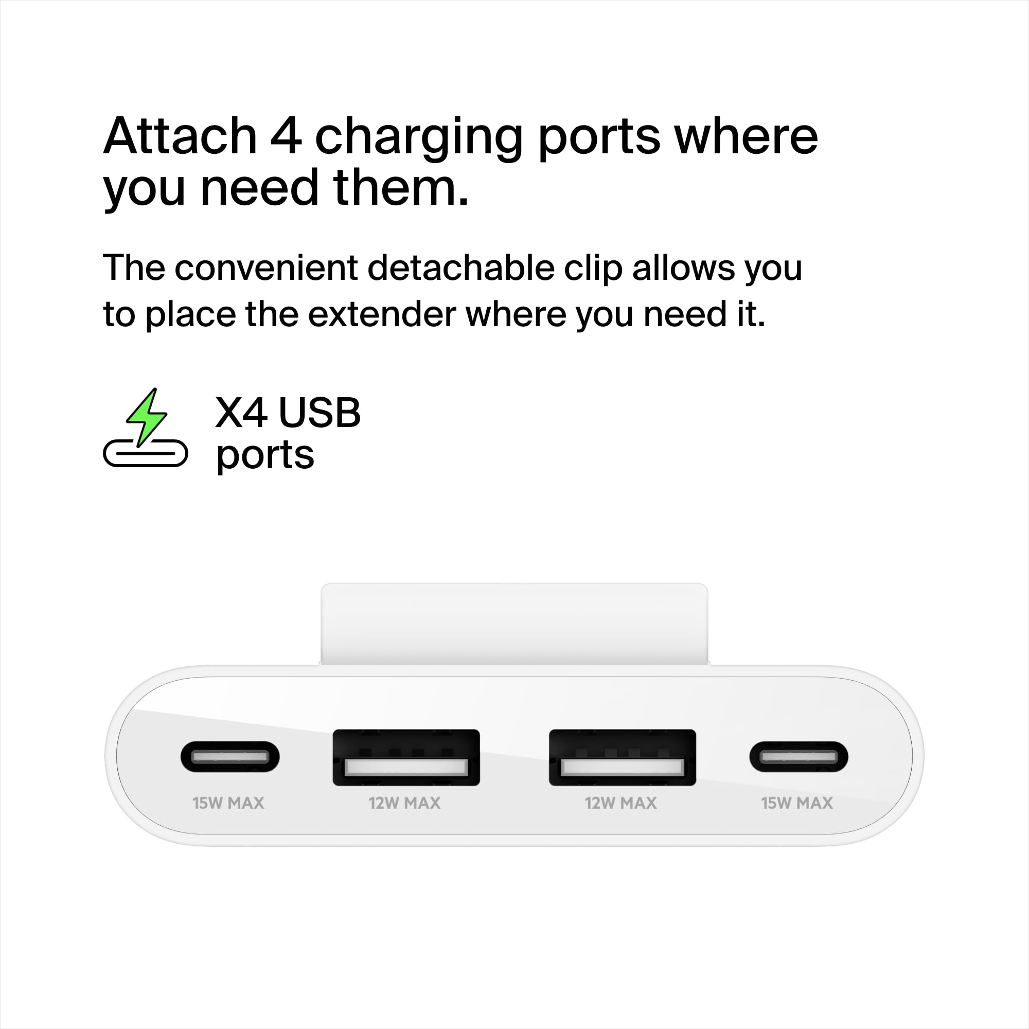 Belkin 4-portowy rozdzielacz USB z 2-metrowym kablem, 2 porty USB-C i 2 porty USB-A, adapter USB o mocy 30 W, szybkie ładowanie iPhone’a 14 i Samsunga Galaxy S23, ekologiczny design i odłączany klips