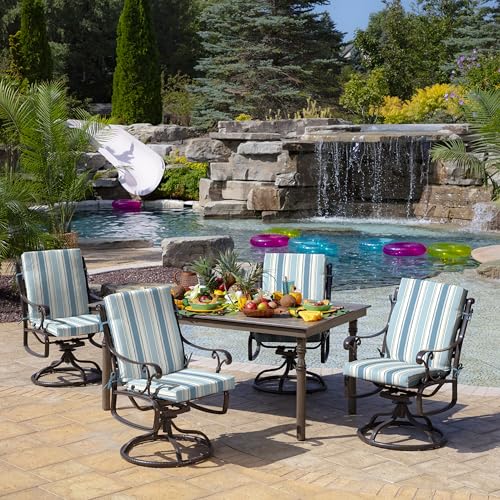 Image of Arden Outdoor Midback Chair Cushion, 18 x 16.5, Rain-Proof, Fade Resistant French Blue Linen Stripe