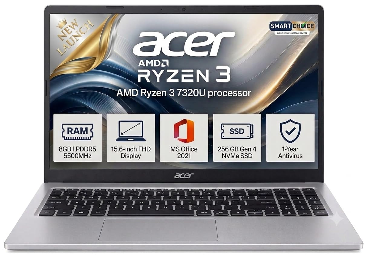 Acer One 15 Laptop,New 2026, AMD Ryzen 3 7320U, 15.6" Full HD IPS, Silver | 8GB DDR5 RAM 5500Mhz, 256GB SSD New Gen, Windows 11 Home, MS Office 2021, Premium Metal Body, Thin and Light