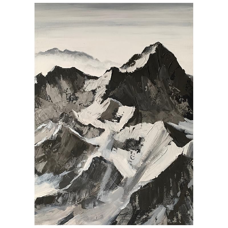 Texture Noire Et Blanche Moderne de montagne enneigée en peinture à l'huile abstraite murale