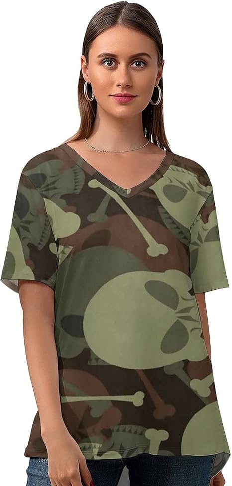 Amazon Co Jp 半袖 Tシャツ ミリタリー スカル カモフラージュ レディース Vネック トップス 细身 カジュアル シンプル カットソー ストレッチ ブラウス セクシーな エレガント 夏服 着痩せ 柔らか 薄手 おしゃれ ゆったり アウトドア アンダーウェア ホーム キッチン
