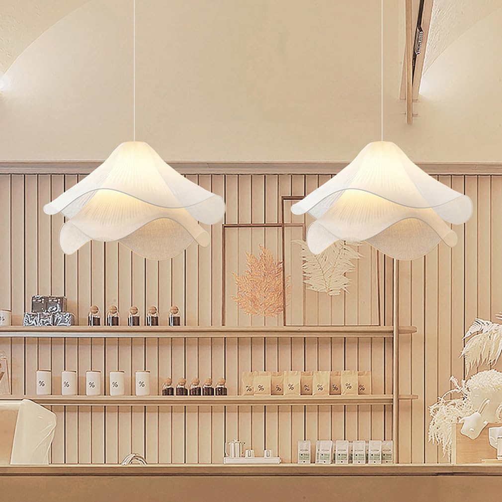 Modern Fabric Woven Pendant Light with Cream Petal Fabric Double Shade Ceiling Hanging Lighting Fixtures for Dining Living Room Bedroom Kitchen Island