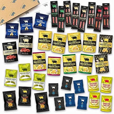 SERIOUS PIG - ULTIMATE Snack Box Selection with Cheese Keto Crisps, Salami Snacks, Salted Peanuts, Almonds and Pickles, Luxury Gourmet Gift Cover